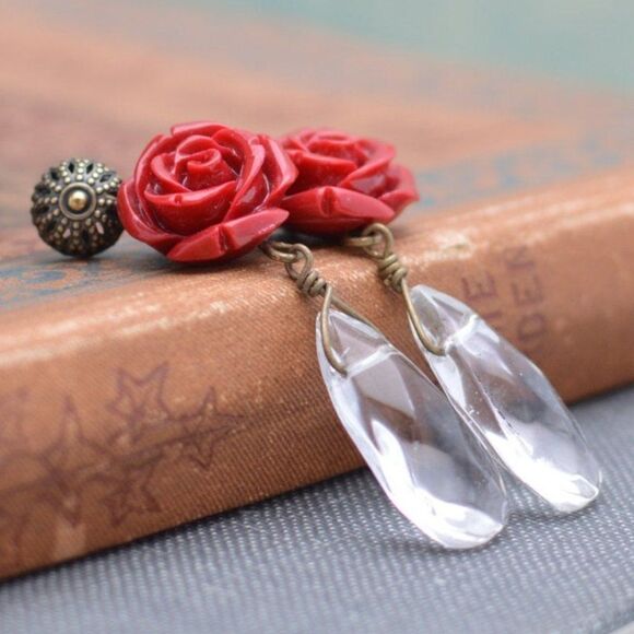 Hand Crafted Jewelry - Red Rose Earrings with Teardrop Bead